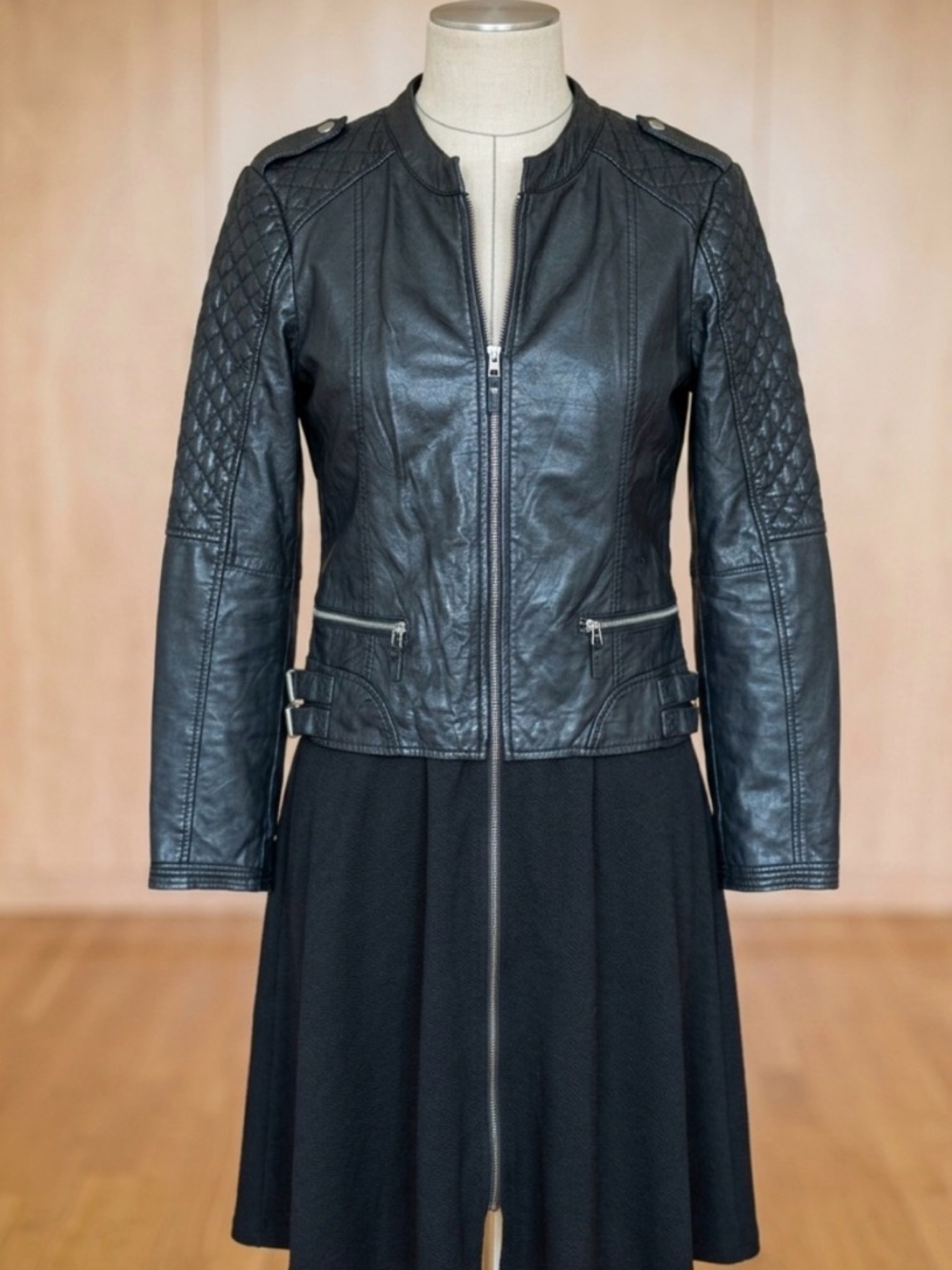 Women's Black Quilted Faux Leather Moto Jacket